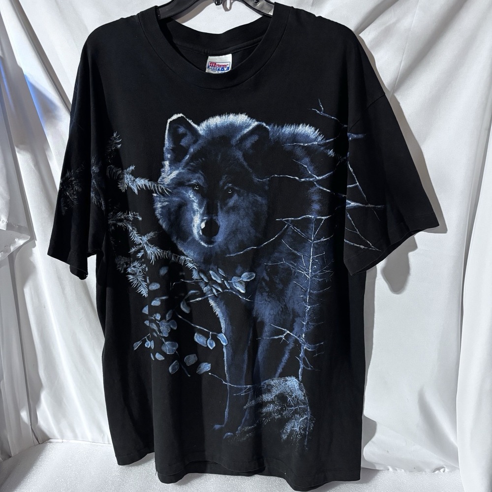 Vintage AOP Wolf T-Shirt All Over Print XL Black & White Single Stitch USA Made